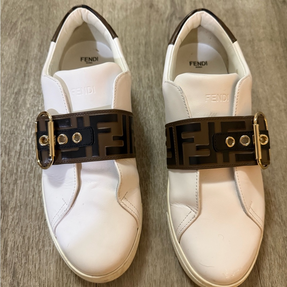 Fendi White Sneakers Brown Leather Logo Strap Buckle